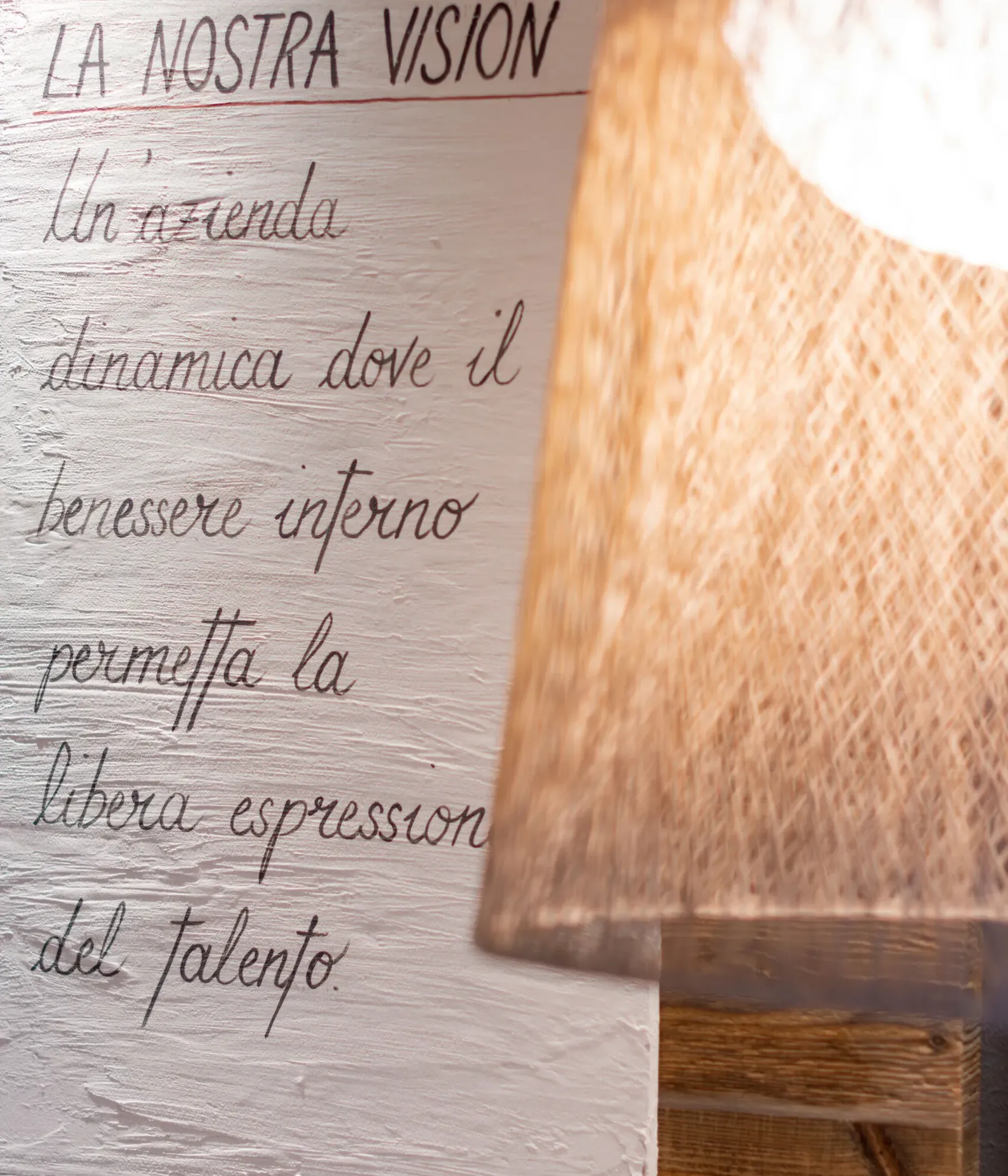 Muro bianco con testo in calligrafia italiana, paralume intrecciato in paglia che copre parzialmente una parete di legno; interno Silenzia.