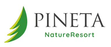 Logo con foglia stilizzata verde con strisce gialle a sinistra, testo PINETA in grigio scuro e NatureResort in verde, su sfondo nero.